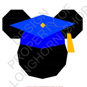 May include: A black and blue graduation cap with a yellow tassel. The cap is shaped like Mickey Mouse ears. The text "DESIGN PROPERTY OF LONGHORNJSHOP" is printed on the image.