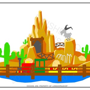 May include: A cartoon illustration of a mountain with a mine entrance, a wooden bridge, and a train track. There are cacti and a mountain goat on the mountain. The mountain is brown and yellow, the cacti are green, the goat is gray, the bridge is brown, and the train track is black.