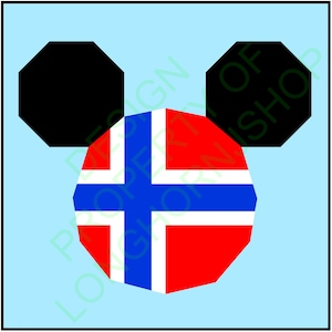 May include: A blue background with a red, white, and blue Norwegian flag in the center. The flag is shaped like a Mickey Mouse head with two black octagons for ears.