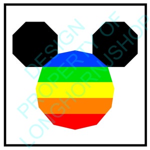 May include: A rainbow-colored octagon shape with two black octagon shapes on either side, resembling Mickey Mouse ears.
