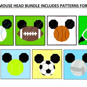 Puede incluir: Diseños temáticos deportivos con silueta de cabeza de ratón y balones deportivos. La imagen incluye béisbol, fútbol americano, baloncesto, raqueta de tenis, pelota de tenis, fútbol y voleibol. El texto superior dice: "SPORTS MOUSE HEAD BUNDLE INCLUDES PATTERNS FOR THESE 7:"