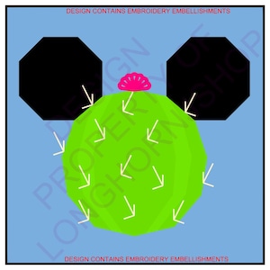 May include: A green cactus with a pink flower on top, surrounded by two black octagons. The design contains embroidery embellishments.