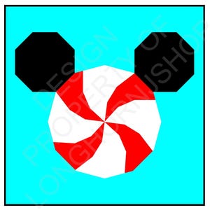 Pode incluir: Um doce de menta vermelho e branco com octógonos pretos de cada lado, que se assemelham às orelhas do Mickey Mouse, sobre um fundo turquesa.