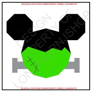 May include: Black and green Frankenstein-themed Mickey Mouse head with stitches on the face. The ears are black and the face is green. The head is on a white background.