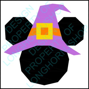 May include: Black and white silhouette of Mickey Mouse wearing a purple witch hat with an orange and yellow band.