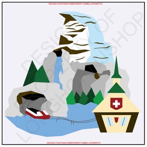 May include: A stylized illustration of a mountain with a waterfall, a cave with a train track, and a small building with a Swiss flag. The building is yellow with a brown roof and green trim. The mountain is brown and gray with a white snowy peak. The train track is black and the train is red. The background is light blue.