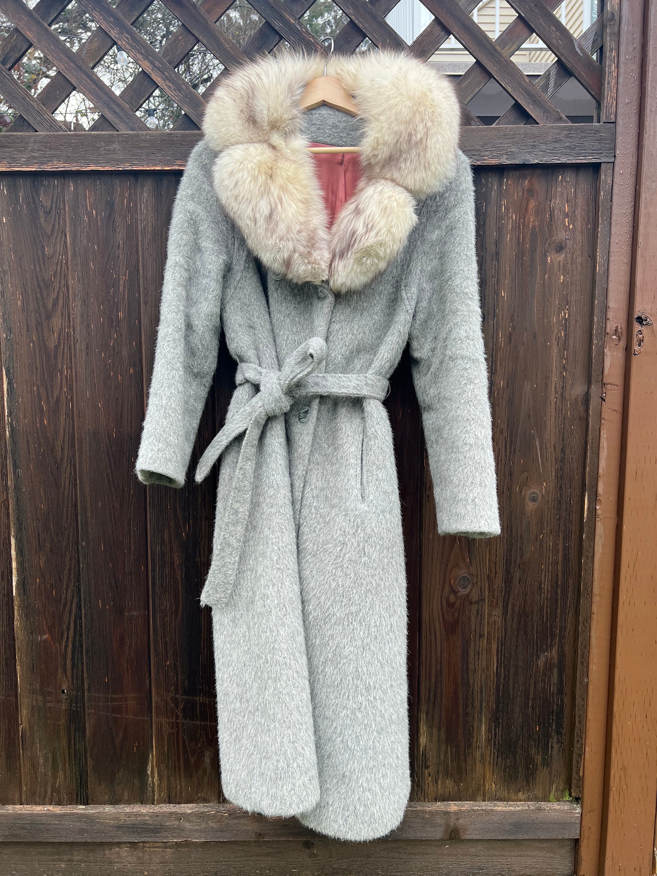 Men's Custom Made Grey Cashmere Trench with Grey Fox Fur Collar L
