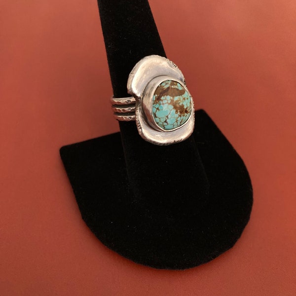 Number 8 Mine Turquoise in sterling silver ring. One of kind. Handcrafted. Handmade.