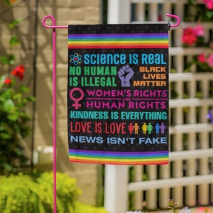 In This House We Believe Flag, We Believe Black Lives Science Human Love Flag, LGBT Flag, Home Decor, In This House We Believe Garden Flag
