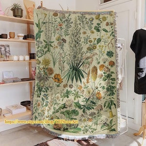 Whimsical Garden Throw Blanket, Green Woven Blanket, Floral Blanket, Botanical Woven Blanket, Cute Summer Bedspread, Cute Picnic Blanket