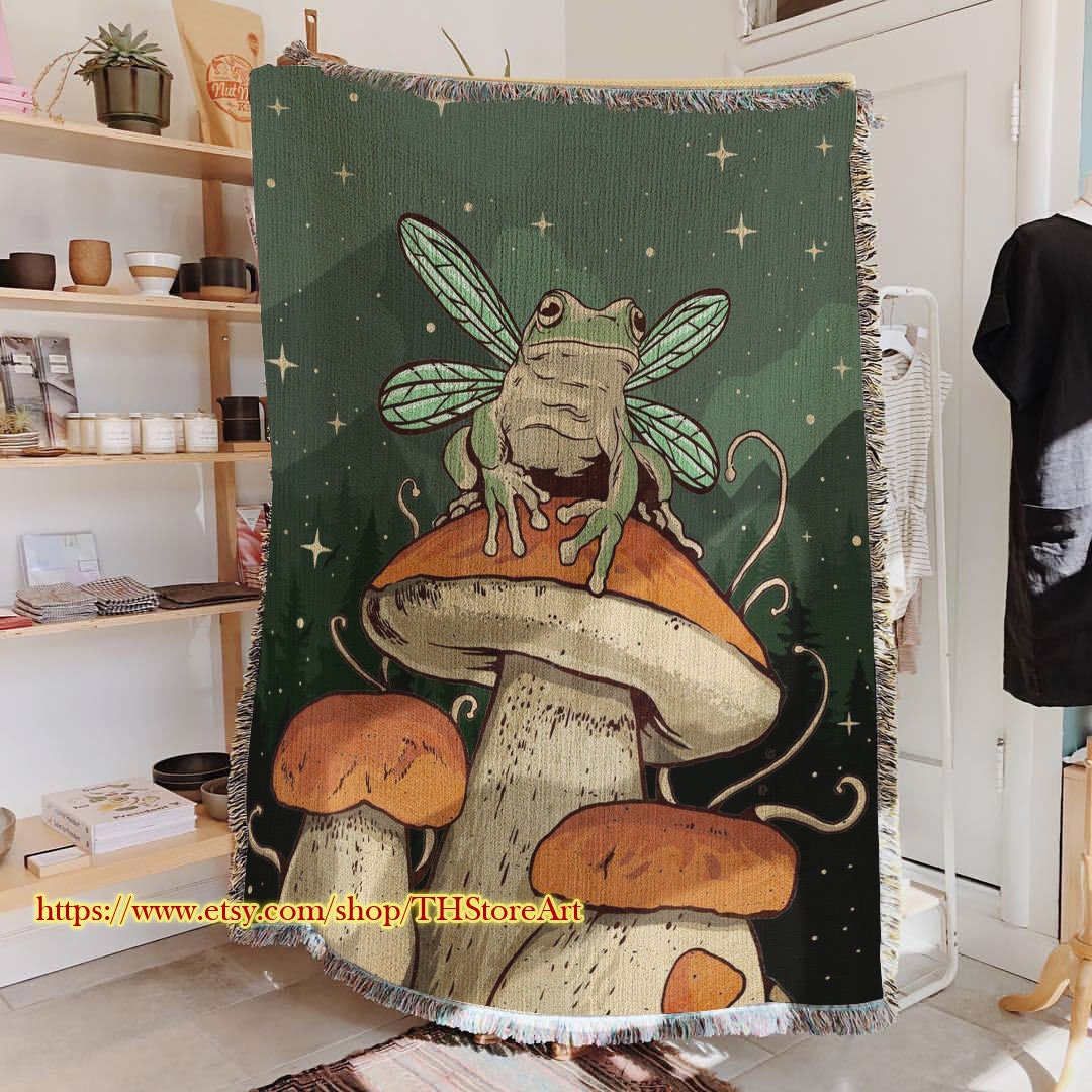 Mushroom Tapestry Cottage Core Wall Art Goblincore Decor Frog