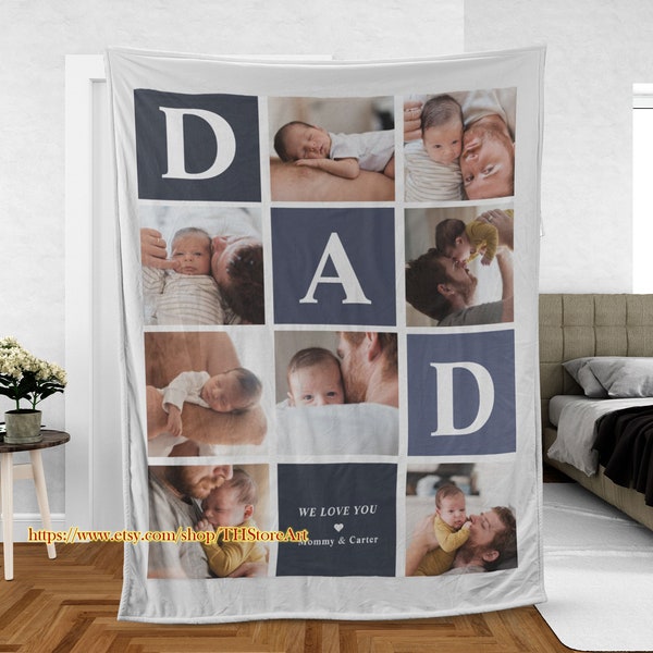 Dad We Love You Photo Color Block Fleece Blanket, Family Throw Blanket, Photo Collage Blanket, Personalized Name Blanket, Custom Dad Blanket