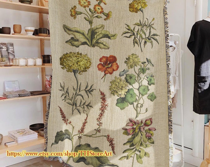 Polyanthus Primrose Blanket, Floral Cottagecore Blanket, Floral Woven Rug, Floral Velveteen Blanket, Wildflower Blanket, Botanical Throw