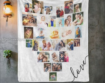 Custom Heart Blanket With Picture, Personalized Photo Blanket Collage, Best Gift Idea Blanket, Birthday Gift, Family Christmas Blanket