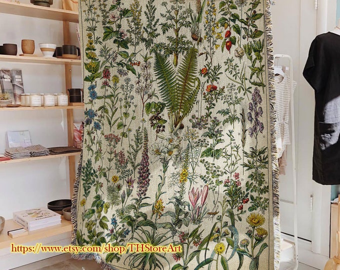 Boho Floral Blanket, Floral Tapestry Dorm, Folk Floral Throw, Large Throw Blanket, Cottagecore Throw Gift, Tapestry Blanket