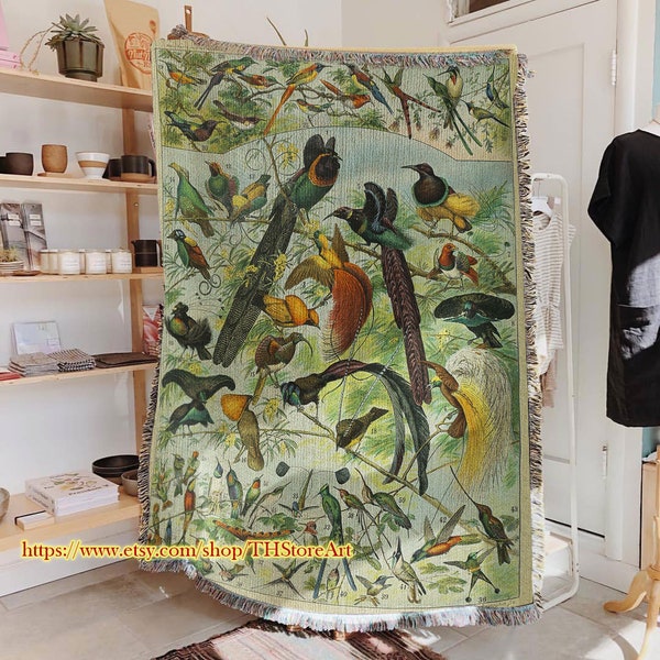 Parrot Zoology Diagram Vintage Blanket, Oiseaux Soft Cozy French Country Blanket, Bird Bedspread, Animal Picnic Throw, Woven Cotton Throw