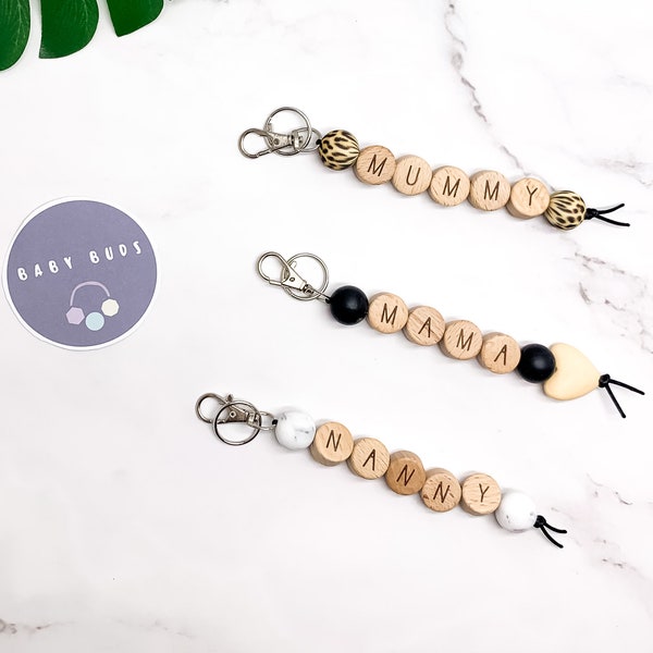 Mama | Mummy Wooden Lettering Keyring Letter Bead Keychain Leopard charm | Handbag accessories | Baby Shower Gift | Changing Bag Mothers Day