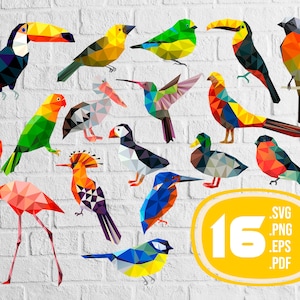 Wielokątne ptaki svg, kolorowe ptaki svg, ptaki svg, flaming svg, cacadu svg, papuga svg, geometryczny ptak svg, plik do druku, do druku, plik svg