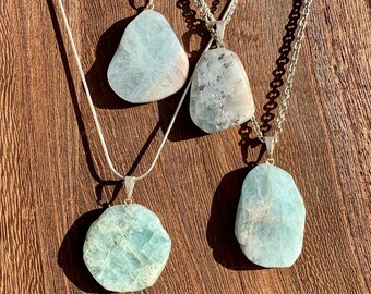 Raw Aquamarine Crystal Pendant, Polished Crystal Necklace with Sterling Silver Chain, Charged with Reiki + Sustainably Mined in Brazil