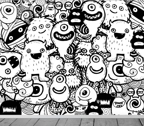 Monsters Doodle Doodles Abstract Modern Themed Wallpaper Mural Any Room  Kids Business Feature Wall Mural Decor Black and White