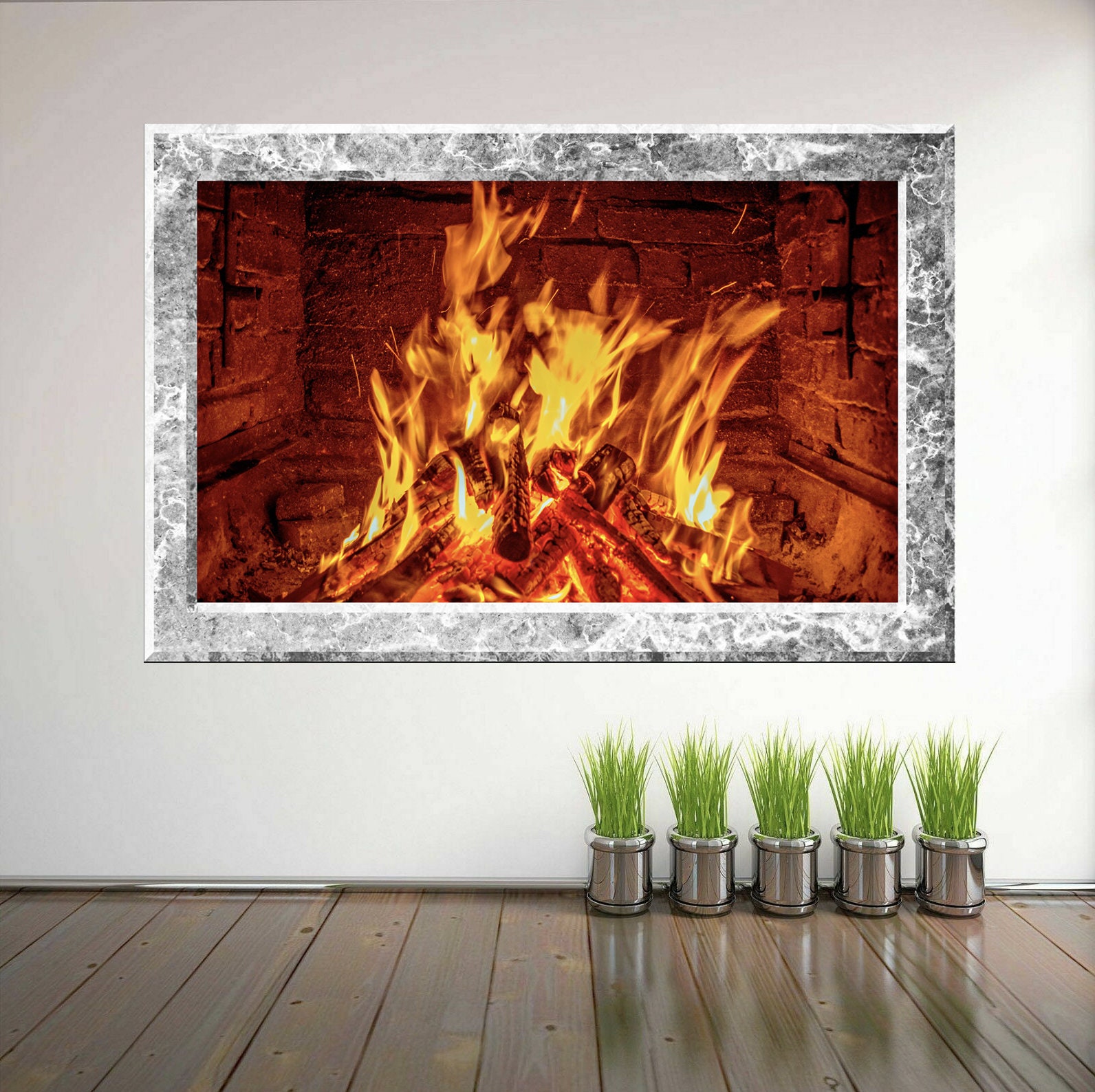 Small and Very Large Adhesive Sticker Decal of Fireplace Fire With Marble Surround Wall Decal Print Graphic Design Poster Wall Design