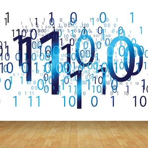 Pode incluir: Um fundo branco com um padrão digital azul e preto dos números 1 e 0. Os números estão dispersos e sobrepostos, criando uma sensação de movimento e energia. O fundo é um piso de madeira claro.