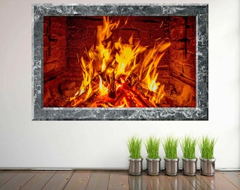 Small and Very Large Adhesive Sticker Decal of Fireplace Fire With Marble Surround Wall Decal Print Graphic Design Poster Wall Design