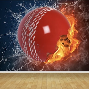 Cricket Ball Sport Theme Ball Fire Wallpaper Mural Bedroom Playroom Games Room Wall Backdrop Decor Scene Setter Easy Installation