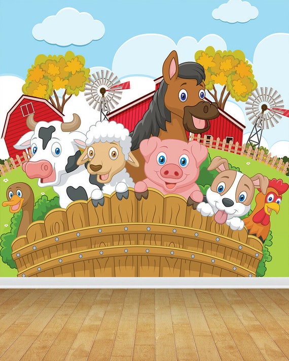 Kids Children Nursery Farm Animals Cow Pig Wallpaper Mural | Etsy