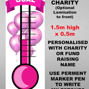 PINK Personalised Bespoke Any Wording and Logo Wall Poster Charity Fundraising Thermometer Money Chart Showing Funds Raised To Show Progress
