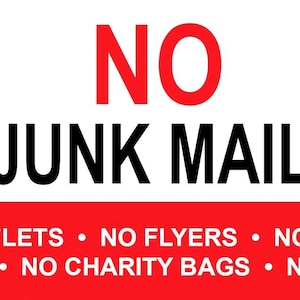 Warning Notice Sign No Junk Mail Flyers Leaflets Door Letterbox Window Self Adhesive Gloss Sticker Decal Sign 165mm x 65mm (16.5cm x 6.5cm)