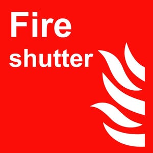 May include: A red square sign with the words "Fire shutter" in white, along with a white flame symbol in the lower right corner. The sign is designed for safety and emergency purposes.