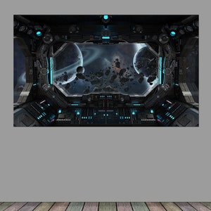 May include: A rectangular wall poster depicting a futuristic spaceship cockpit interior with a large window view of outer space. The scene features dark metallic panels, glowing cyan control buttons, two large planets, and a field of floating asteroids.