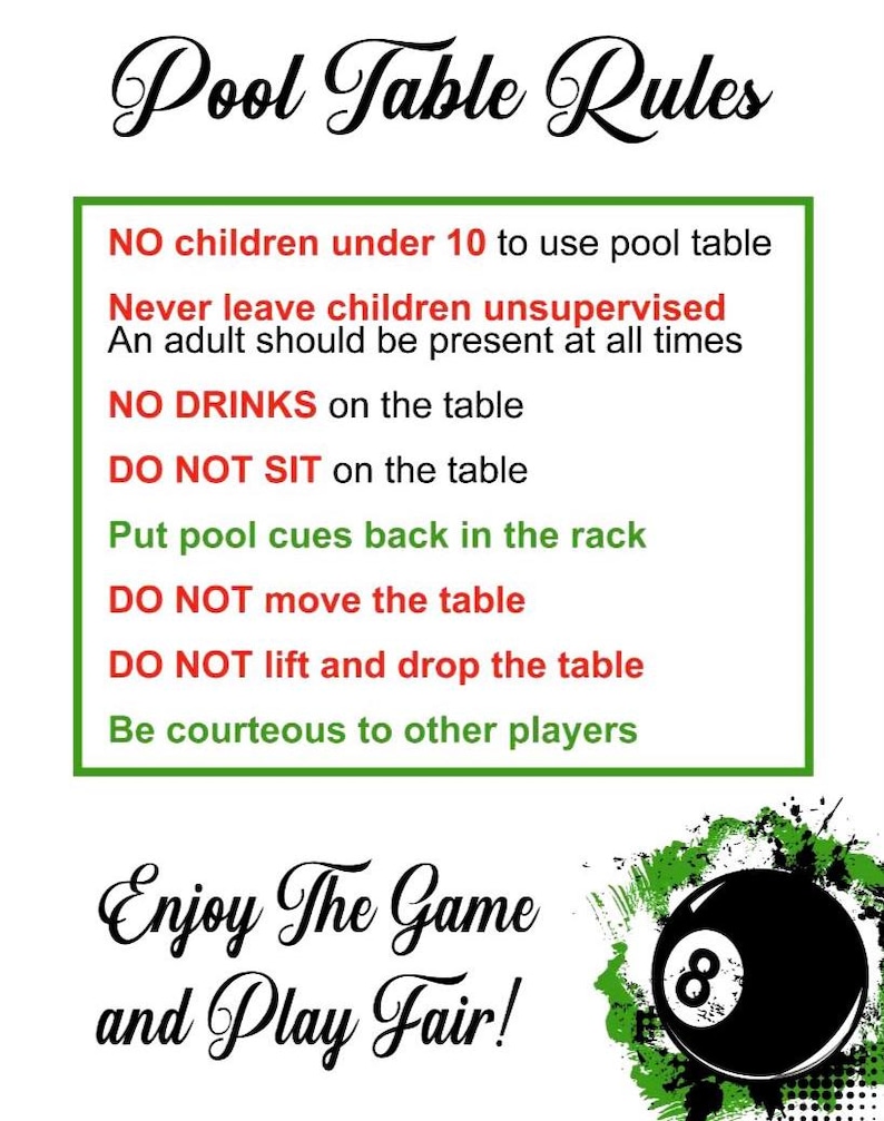 Pool Table Rules Billiards Rules Pub Club Etiquette Sign Notice Sticker ...
