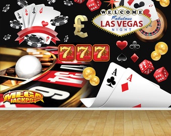Könnte beinhalten: Ein schwarzer und roter Casino-Hintergrund mit einem Roulette-Rad, Spielkarten, Würfeln und einem Schild mit der Aufschrift "Willkommen Fabulous Las Vegas Night".
