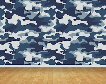 Blue Grey Camouflage Feature Wallpaper Mural Bedroom Wall Office Play Room Backdrop Mural Wall Scene Various Sizes Decor Fit Standard Paste