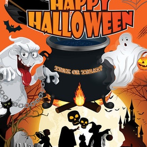 Happy Halloween Pumpkin Cauldron Design Poster Trick Treating Treaters Halloween Sign Poster for Door Notice 31st October Optional Laminated