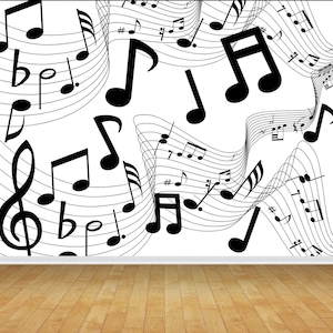 Music Room Musical Notes Theme  Black White Wallpaper Mural Bedroom Playroom Games Room Wall Backdrop Decor Scene Setter Easy Installation