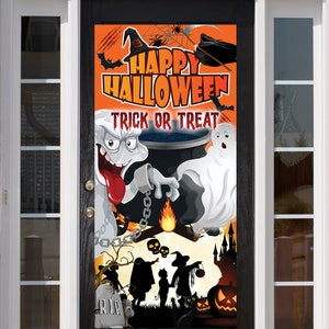 Halloween Trick or Treat Theme Themed Door Sign Banner Notice Poster Event Banner Decor Pumpkin Ghosts Witch Ghouls Bats etc