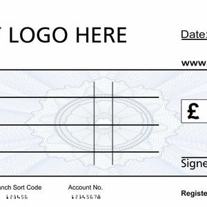 May include: A blank cheque template with space for a charity logo, date, and amount in pounds (£). The design includes fields for the payee, signature, and charity details, with the website address www.charitywebsite.com.