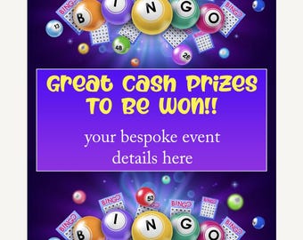 Bingo Event Personalised Details Time Place Cost Pub Club School Events Contact Info Poster Large & Small Graphic (optional lamination)