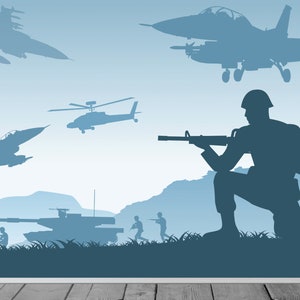 May include: Silhouette of a soldier kneeling with a rifle in a military scene. The background includes a tank, soldiers, and military aircraft in the sky.