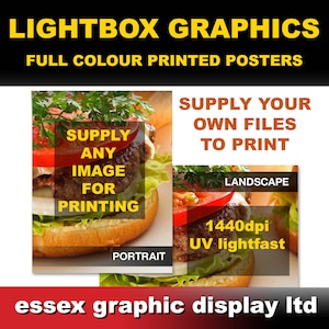 May include: A graphic design company advertises their services for full color printed posters. The ad features two images of a hamburger with the text "Supply any image for printing" and "Supply your own files to print". The ad also includes the text "1440dpi UV lightfast" and "Landscape" and "Portrait".