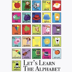 Puede incluir: Un póster educativo del alfabeto con una cuadrícula de veintiséis cuadrados coloridos, cada uno con una letra mayúscula y minúscula, una ilustración correspondiente y una palabra. El texto en la parte inferior dice, Let's Learn The Alphabet.