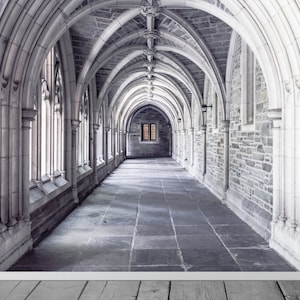 May include: A long, white stone hallway with arched ceilings and windows. The hallway is empty and the floor is made of gray tiles.
