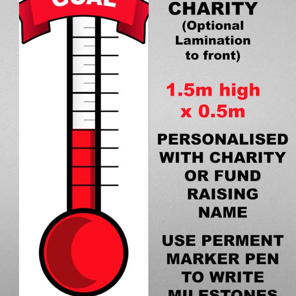 Personalised Bespoke Any Wording and Logo Wall Poster Charity Fundraising Thermometer Money Chart Showing Funds Raised To Show Progress