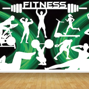Gymnasium Gym Health Fitness Equipment Exercise Wallpaper Mural Gym Room Wall Large Printed Backdrop Decor Scene Setter Easy Installation
