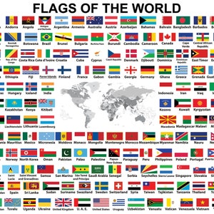 Może przedstawiać: Plakat zatytułowany "FLAGS OF THE WORLD" przedstawia siatkę flag narodowych. Każda flaga jest prostokątna i zawiera różne kolory i wzory, reprezentujące kraje z całego świata. Mapa świata znajduje się pośrodku.