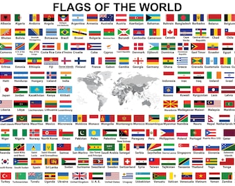 Various Sizes Poster Educational Learning Resource World Map Flags Countries Geography Visual Wall Chart School Nursery Kids Classroom