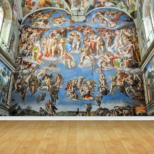 Puede incluir: Vista interior de una capilla con suelo de madera y paredes adornadas con frescos vibrantes y detallados. El techo presenta una gran pintura elaborada con numerosas figuras sobre un fondo de cielo azul. Las paredes también muestran escenas pintadas, creando un ambiente artístico rico.